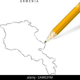 Arménie crayon à main levée esquisse plan carte isolée sur fond blanc. Carte vectorielle dessinée à la main vide de l'Arménie. Crayon 3 dimensions réaliste avec ombre douce. Illustration de Vecteur