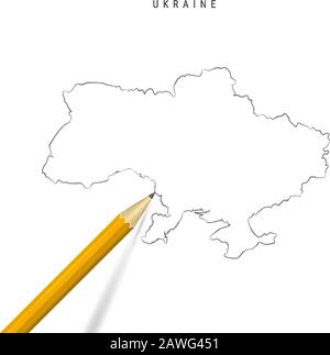 Ukraine croquis crayon à main levée carte de contour isolée sur fond blanc. Carte vectorielle dessinée à la main vide de l'Ukraine. Crayon 3 dimensions réaliste avec ombre douce. Illustration de Vecteur