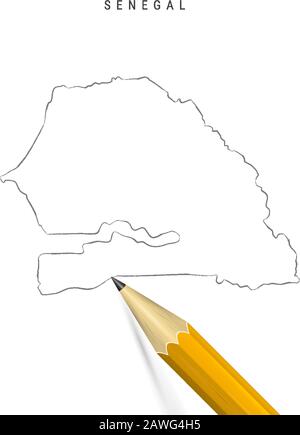 Sénégal croquis crayon à main levée carte de contour isolée sur fond blanc. Carte vectorielle dessinée à la main vide du Sénégal. Crayon 3 dimensions réaliste avec ombre douce. Illustration de Vecteur