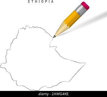 Ethiopie crayon à main levée esquisse plan carte isolée sur fond blanc. Carte vectorielle dessinée à la main vide de l'Éthiopie. Crayon en relief réaliste avec shado doux Illustration de Vecteur