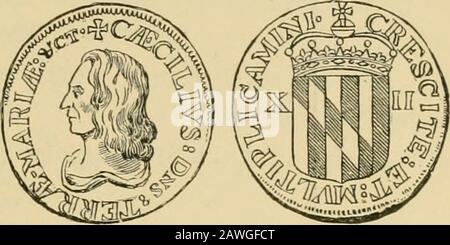 Les essentiels de l'histoire des États-Unis . D'une médaille de 1632Cecil Calvert, second LordBaltimore. LES COLONIES DU SUD 37. Un Shilling de Baltimore. Roi a demandé deux flèches indiennes, qui devaient être livrés chaque année le mardi de la semaine de Pâques, et un cinquième de tous les goldand argent. Les flèches ont été fidèlement présentées chaque année, mais le Maryland n'a jamais pro-conduit assez d'or et d'argent pour remplir la royausse une fois. Dans le Maryland, Calvert avait des puissances al-plus égales à un roi.Fortunely pour le colonel dirigé avec justice et sagesse. Les colons ont été autorisés grande liberté, et les taxes ne peuvent être perçues que par une assemblée Banque D'Images