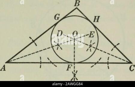 Plan et géométrie solide . ion XII. Théorème 320. Si deux tangentes sont tracées -11^07)% tout -pointà un cercle donné, ces tangentes sont égales. Ft et PS^ donnés deux tangentes du point P au cercle 0. Pour prouver FT=PS. La preuve est laissée comme un exercice pour l'étudiant. Ex. 446. La somme des deux côtés opposés d'un quadrilat circonscrit est égale à la somme des deux autres côtés. Ex. 447. La médiane d'un trapèze circonscrit est un quatrième thépérimètre du trapèze. Ex. 448. Un parallélogramme circonscrit autour d'un cercle est soit un arhombus, soit un carré. Ex. 449. L'hypotension d'un triangl droit Banque D'Images
