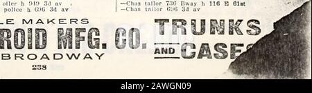 Répertoire général de Trow des arrondissements de Manhattan et Bronx, ville de New York . TH—Cass B & Co chemises 62 White—Jos B embds 29 Mercer h 1394 Franklin av Cahn Aaron Jeweler 143 E 42—Abraham cigares 589 9ème av h 575 9ème av— Abraham Real Estate & notaire 114 E 116ème—Abraham Stationer 12 AV A—Albert acheteur h 353 W 118ème—Albert H b 237 W 44ème—Alfd vendeur h 1353 5ème av—Alphonse CAPS 30 W 3d h 25 St Marks pi—Amanda h 09 E S 43.75— Arthur Clerk h 07 E 112ème—Arthur Immobilier 604 Melrose av b Bergen av c E 152d—Arthur B cablnctmkr 520 E 81ème & elec-tricien 101G Park av h 09 E 84th—Arthur L banquier 27 PIN Banque D'Images