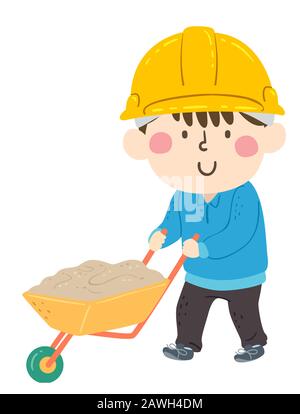 Illustration d'un garçon de Kid Portant un casque jaune et Poussant un Wheelbarrow plein de sable Banque D'Images