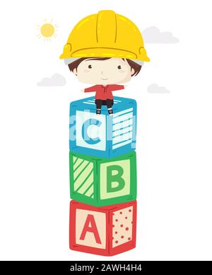 Illustration d'un chapeau de sécurité jaune Kid Boy Portant Construction et Assis sur les Blocs ABC Banque D'Images