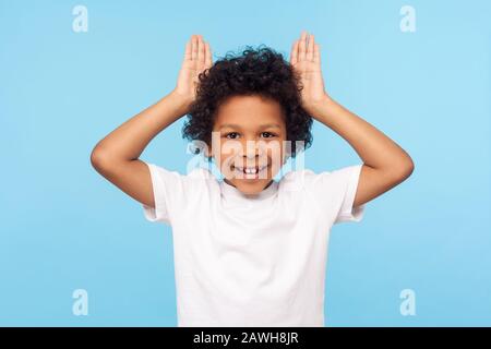 Portrait d'un charmant petit garçon positif avec des cheveux bouclés dans un tee-shirt montrant des mouvements d'oreilles de lapin, tenant les mains sur la tête et souriant à l'appareil photo, ayant du fu Banque D'Images