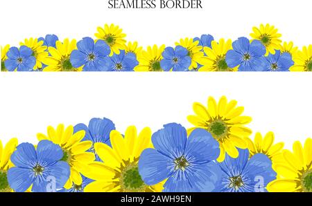 Bordure vectorielle sans couture pour prairie de fleurs. Motif répétitif bleu rose jaune. À utiliser pour les cartes de vœux, la décoration de surface, les rubans, la décoration de tissu Illustration de Vecteur
