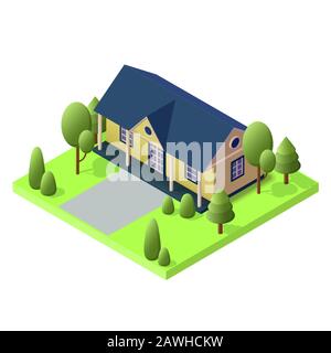 Maison de campagne isométrique sur terrain vert avec arbres. L'affiche pour la vente de l'immobilier, de la construction et du concept loué et du panneau d'affichage. Vecteur Illustration de Vecteur