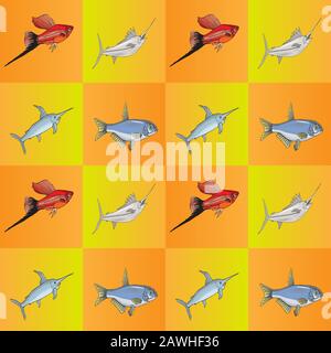Modèle sans couture avec poissons. Hand drawn monde sous-marin. Contexte artistique coloré. Aquarium. Peut être utilisé pour le papier peint, textile, emballage, carte, Illustration de Vecteur