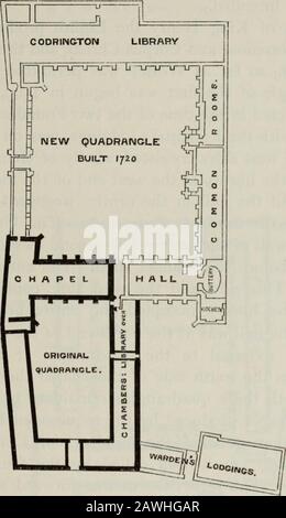 L'histoire architecturale de l'Université de Cambridge et des collèges de Cambridge et d'Eton . Fig. 5. Plan de terrain de Bernard College, par la suite S. Johns College, Oxford. Modifications, reste pour nous un monument de l'architecture. Le front de Thestreet n'a subi aucun changement matériel, sauf l'additiond'un toit-étage avec des gablets qui s'élèvent du mur. Le quadrangle De All Souls College a été commencé en 1437, et construit dans le même style par le même fondateur en cinq ans, à l'exception d'un cloître sur le côté nord de la chapelle, qui a été terminé en 1491. Dans ce collège (fig. 6) le entran Banque D'Images