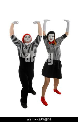 Drôle mimes, isolé sur blanc. Homme et femme Banque D'Images