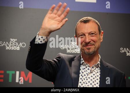 Sanremo, Italie. 9 février 2020. Sanremo, Conférence De Presse Finale Du 70ème Festival De Musique Italienne Sanremo Photo: Amadeus Credit: Independent Photo Agency/Alay Live News Banque D'Images