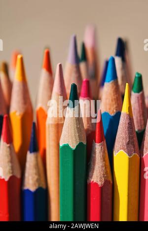 Vue rapprochée des crayons de couleur aiguisés Banque D'Images