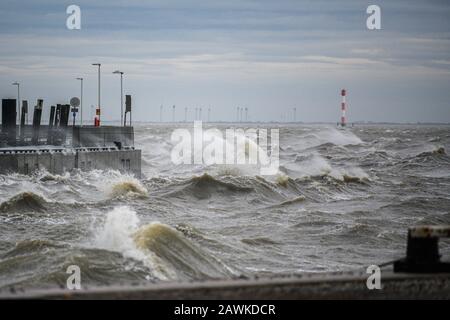 Wilhelmshaven, Allemagne. 9 février 2020. Sur la côte de la mer du Nord de Wilhelmshaven, la dépression de tempête 'Stabine' fait rage. Le Service météorologique allemand (DWD) a émis le deuxième niveau d'avertissement de tempête le plus élevé pour de grandes régions d'Allemagne en raison de la tempête 'STabine'. Crédit: Mohssen Assanimoghaddam/Dpa/Alay Live News Banque D'Images