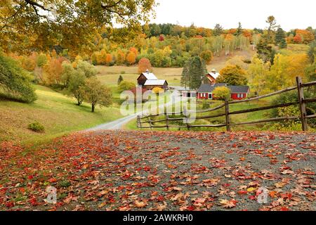 Surplombant une ferme paisible de la Nouvelle-Angleterre à l'automne, Woodstock, Vermont, États-Unis Banque D'Images