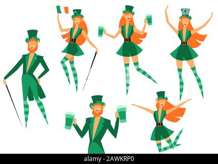 Jeu de personnages irlandais fantastiques leprechauns. Célébration De La Saint Patricks Day. Illustration de Vecteur