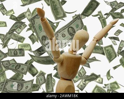 un mannequin en bois qui s'exulte les mains sous la pluie de dollars de succès d'argent isolé sur blanc Banque D'Images