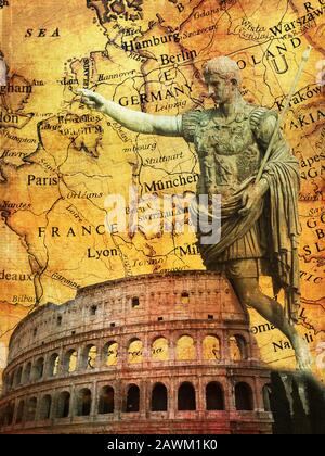 Les Romains Anciens Signes Arrière-Plan Avec La Statue D'Imperator Conqueror Colosseum Carte De La Vieille Europe Banque D'Images