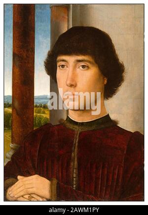 Portrait D'Un Jeune Homme Par Hans Memling. Hans Memling (également orthographié Memlinc; c. 1430 – 11 août 1494) était un peintre allemand qui s'est déplacé en Flandre et a travaillé dans la tradition de la peinture du Pays-Bas. Il est né dans la région du Rhin moyen et a probablement passé son enfance à Mayence. Il a déménagé aux Pays-Bas en 1465 et a passé du temps à l'atelier de Bruxelles de Rogier van der Weyden. Il a ensuite été fait citoyen de Bruges, où il est devenu l'un des principaux artistes dans lequel il a peint des œuvres religieuses qui ont souvent incorporé des portraits de ses riches patrons. Banque D'Images