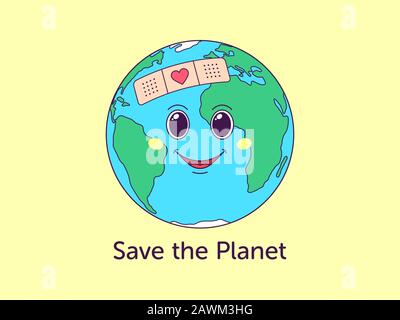 Terre de dessin animé avec le visage et le texte gai Enregistrer la planète. Monde de terre amical pour carte postale, bannière, affiche. Attention à l'amour du monde. Joli cha Illustration de Vecteur