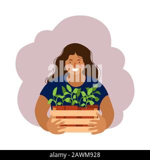 Femme tenant une boîte avec des semis de jardin. Illustration plate isolée sur un blanc Illustration de Vecteur