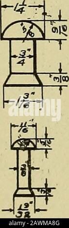 Un cours dans la rédaction structurelle; . tête pleine devrait être montré comme un demi-cercle, fig. 7. Il y a plusieurs formes de têtes de rivets parmi lesquelles le plat, le cône, le bouton, le steeple et le fraisé.le chanfreinage du rivet est charriéré à plusieurs degrés, selon le muchon quelles conditions dans lesquelles le travail doit être terminé. Le mot fraisé signifie sim-pleurer le trou vers l'extérieur etforçant le rivet chaud à le remplir et le surplus de matériau restant rugueux.Lorsqu'une surface lisse est nécessaire, l'excédent doit être coupé, et. Le terme, fraisé et ébréché, surgit. Severa Banque D'Images