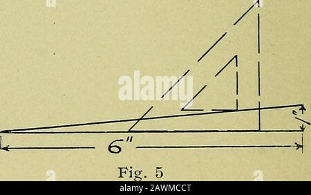 Un cours de rédaction structurelle; . Effectuez une mise en plan comme illustré sur la Fig. 5 avec la ligne de découpe à 2 en 12 ou 1 en 6, et couper le triangle de manière à l'ajuster à la ligne. Inversez le triangle et terminez les bothpentes à I et pour ceux à R utilisez la ligne aslante à 13° avec l'horizontalet coupez le triangle pour l'ajuster. Grattez /pour I-Beam et R pour rail. Lorsqu'un faisceau ou un canal doit s'adapter à un autre et être connecté par angle, l'extrémité du faisceau d'intrusion est coupée pour être conforme à l'autre et le processus est appelé Coping. Fig. 6. Cette illustration montre la mannerde l'augmentation du poids de différentes formes et il faut noter t Banque D'Images