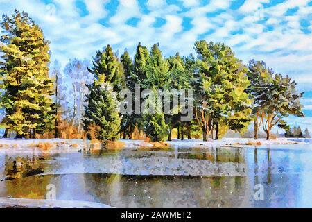 Toile de peinture d'art numérique - vue panoramique sur un lac de montagne en hiver dans les montagnes de Carpates, Slovaquie (effet aquarelle) Banque D'Images