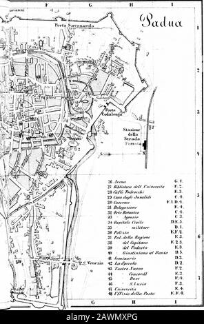 Italie: Manuel pour les travellersFirst part, Italie du Nord . A?. Antonio. PAPOUASIE. 34. Itinéraire. 217 Marco à Venise. Au-dessus du portail de la façade, qui mesure 110 ft.in de largeur, se dresse une statue du saint; dans la lunette SS.Ber-nardino et Antonio, une fresque de Mantegna. L'église mesure 280 pieds de long, 138 pieds de large sur les transepts et 116 pieds de haut dans le centre. La nef et les allées sont suppotédby 12 piliers; la chorale semi-circulaire possède 8 comlumns regroupés et une série de 8 chapelles. S. Allée. Sur le premier pilier sur la r. A *Madonna à Trono avec SS. Pierre, Paul, Bernard et Antony, un autel Banque D'Images