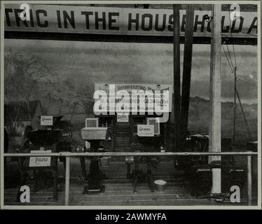 Rapport annuel 1912 . Exposition nationale canadienne, Toronto 1913 L'HYDRO-ELECTRIC POWER COMMISSIOX 131 la démonstration agricole consistait en un batteur de 50 bu. Par heure, deux coupe-circularensilage, un couteau cylindrique à ensilage, trois meuleuses de différentes tailles, une puleuse, un équipement de réfrigération, une machine à laitonner, une pierre à affûter, deux scies circulaires, une pompe rotative automatique, une pompe centrifuge automatique, une pompe à pistons automatique et une pompe de moulin à vent. Toutes ces machines ont été démontrées en fonctionnement et entraînées par des moteurs allant de ^ à 2 h.p. Une grande goutte de toile représentant un genre Banque D'Images