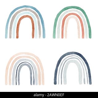 Ensemble de raindow en aquarelle pour enfants abstraits, clipart avec des arcs-en-ciel boho peints à la main. Illustration d'art de pépinière dans un style scandinave branché.Art contemporain, Banque D'Images