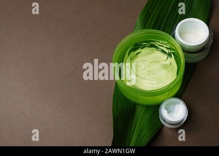 Pots de crème blanche hydratante et gel d'aloès vert sur une feuille de palmier. Différents hydratants pour différentes zones du visage sur un fond brun avec Banque D'Images