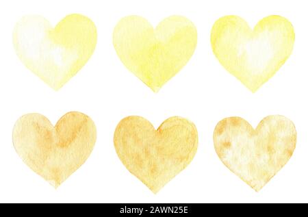 Hand painted watercolor yellow hearts set. Cute hearts collection isolated on white background. Romantic design element for wedding Invitation, valent Banque D'Images