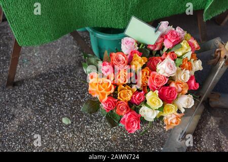 Diverses couleurs vives de roses fleuissantes dans le vase au sol à la boutique de fleuriste. Roses roses roses rouges orange et blanches fleuris pour la Saint-Valentin. Banque D'Images
