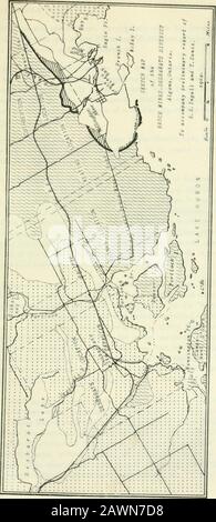 Documents de session du Dominion du Canada 1905 . commentaires est tel que représenté onMuraies map, à savoir celui d'un anticlinal plat dont l'axe est et l'ouest se dirige vers l'ouest. Cette structure est faite à partir de la thésaile de l'affleurement du lit de calcaire près de Bruce imines et, en passant à l'ouest, les lits supérieurs semblent suivre en conformité moyenne à cette tendance. Localement, il y a bien sûr des variations de l'averagestrike et DIP et de nombreux plis secondaires. Nulle part les angles de trempage sont très raides, plus la mesure est élevée de 30 à 40 tandis que sur les zones largeables, le creux pourrait être avera Banque D'Images