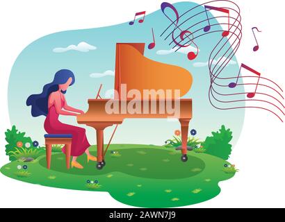 Piano Girl Sur Meadow Illustration de Vecteur