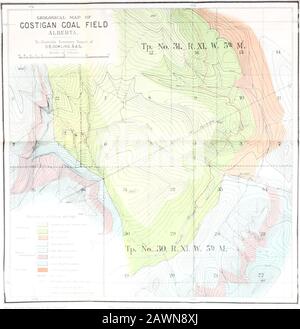 Documents de session du Dominion du Canada 1905 . les découvrir. La section publiée avec la carte du bassin de charbon Costigan vise à montrer la relation entre chacune de ces zones ou la construction des aires de répartition. Il s'étend du rang de Sawback vers l'est jusqu'au premier ou à l'extérieur des montagnes Rocheuses, et dans les trois bassins de roches crétacées. À l'ouest de la faille de Sawbacka a fait monter contre le plus haut du Paheozoïque, rockscomparables à la série dans la montagne du Château, probablement de Cambrianage. Vers l'est, puis au bord du Crétacé, il y a une co Banque D'Images