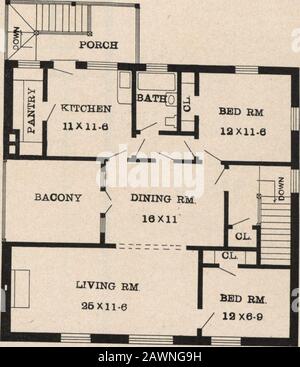 Les garages de Radford et comment les construire. . Modèle N° G-lll : largeur, 40 pieds ; longueur, 38 pieds. Plan Du Premier Étage. Plan du deuxième étage Prix des tirages bleus, avec la configuration complète des spécifications Dactylographiées, SEULEMENT $20^22   Nous enverrons les plans et les spécifications le jour même l'ordre reçu. 17 les tirages bleus se composent de plans au premier et au deuxième étage;avant, arrière, altitudes à deux côtés; sections murales et détails nécessaires. Les spécifications sont dactylographiées et contiennent toutes les informations nécessaires à la construction de la propriété du bâtiment. Banque D'Images