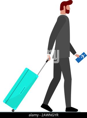 Homme d'affaires marchant avec une valise et un billet d'avion. Homme d'affaires avec sac à bagages dans le terminal d'arrivée et de départ qui embarque à bord de l'avion. Illustration vectorielle du concept de voyage du directeur touristique Illustration de Vecteur