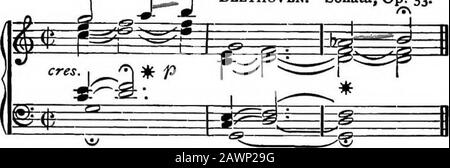 Harmonie, théorie et pratique . V9V7 Avec l'aide de l'analyse, l'étudiant pourra facilement distinguer les notes de passage et les notes auxiliaires. Comme cette pièce est forthe piano, dans lequel il n'y a aucune restriction quant à quatre parties, théchord du neuvième AT * apparaît dans sa forme complète. Observeque Ak dans la deuxième barre est une note de passage (§ 317.) 374. Si le neuvième, au lieu de se rendre à la racine, aller au tiers de l'accord, il peut soit monter une seconde ou tomber un septième. Chap. XII.] Chord de la neuvième Dominante. 163 , J^-4 &gt; Beethoven. Sonata, Op. 53.. Ez 299. Dans la première barre de ce passage Banque D'Images