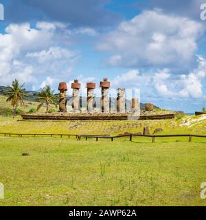 Statues Moai restaurées avec des nœuds rouges de la storia debout sur Ahu Nao-Nao sur la plage d'Anakena bordée de palmiers sur la côte nord de l'île de Pâques (Rapa Nui) Banque D'Images