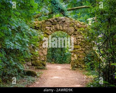 Sentier de terre dans un parc forestier traversant une arche de pierre à Serra do Buçaco, Portugal Banque D'Images