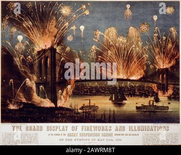 1883 , 24 mai , NEW YORK , USA : PONT DE BROOKLYN - Grand spectacle de feux d'artifice et d'illuminations à l'OUVERTURE du Grand Pont suspendu Banque D'Images