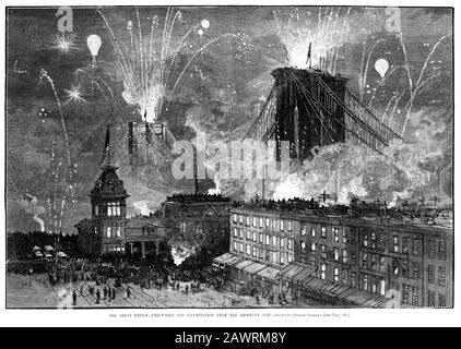 1883 , 24 mai , NEW YORK , USA : PONT DE BROOKLYN - Grand spectacle de feux d'artifice et d'illuminations à l'OUVERTURE du Grand Pont suspendu Banque D'Images