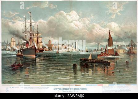 1887 , , NEW YORK , États-Unis : New York Harbour avec pont de Brooklyn Le grand pont suspendu de East River, ouvert le jour 24 mai 1883 -- la connexion de la c Banque D'Images