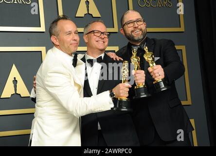 Los Angeles, Californie. 9 février 2020. Jonas Rivera, Mark Nielsen, Josh Cooley dans la salle de presse pour Les 92ème Academy Awards - salle de presse, le Dolby Theatre à Hollywood and Highland Center, Los Angeles, CA 9 février 2020. Crédit : Elizabeth Goodassez/Everett Collection/Alay Live News Banque D'Images