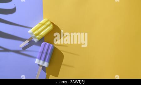 Concept d'été minimaliste créatif, vue de dessus de deux boutons-pression colorés avec feuilles de palmier à ombre sur fond violet et jaune avec espace de copie Banque D'Images