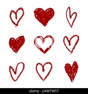 Coeurs vectoriels isolés sur un fond blanc. Formes dessinées à la main pour l'amour, le mariage, la Saint-Valentin ou autre design romantique. Jeu de 9 peintures différentes Illustration de Vecteur