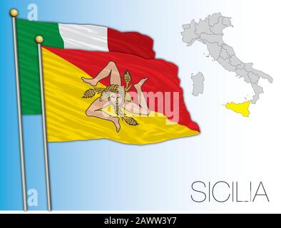 Sicile ou Sicilia drapeau régional officiel et carte, Italie, illustration vectorielle Illustration de Vecteur