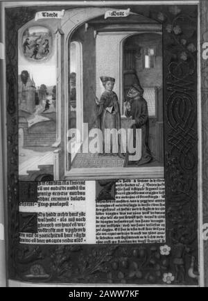 Quatre illustrations du 15ème c. chaque jour vivent du texte de Boethius, de consolatione phiophiae. Néerlandais et latin. Gand, Arend De Kaysere, 3 Mai 1485 Banque D'Images